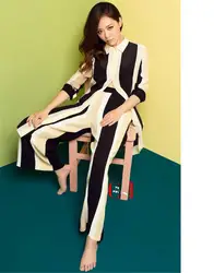 S-xl 2 шт. костюмы 2017 Новый Цвет Блокировка полосатый Дизайнер Длинные Блузки Рубашки Топы Брюки женские Одежда для близнецов комплект