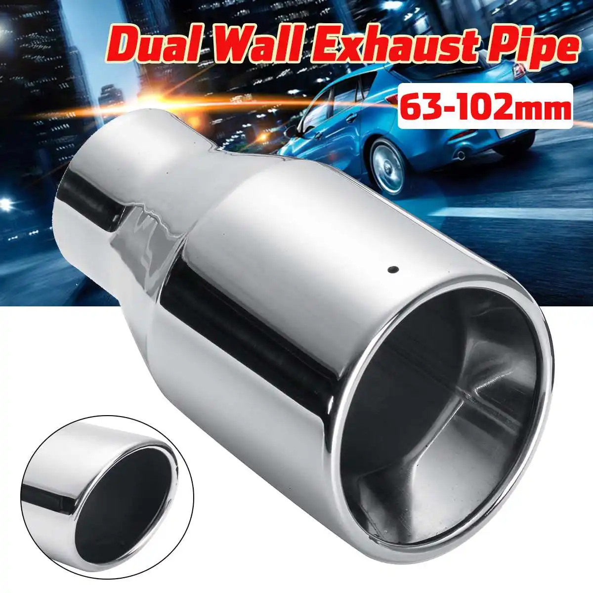 

Car 63mm-102mm Exhaust Muffler Dual Wall Exhaust Tip Chrome Stainless Steel Round Rear Pipe Tail Tube