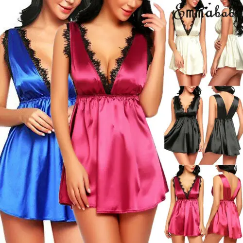 Сексуальное женское белье, женское шелковое кружевное платье, ночная рубашка, Эротичная ночная рубашка, одежда для сна, 4 цвета, S-XL