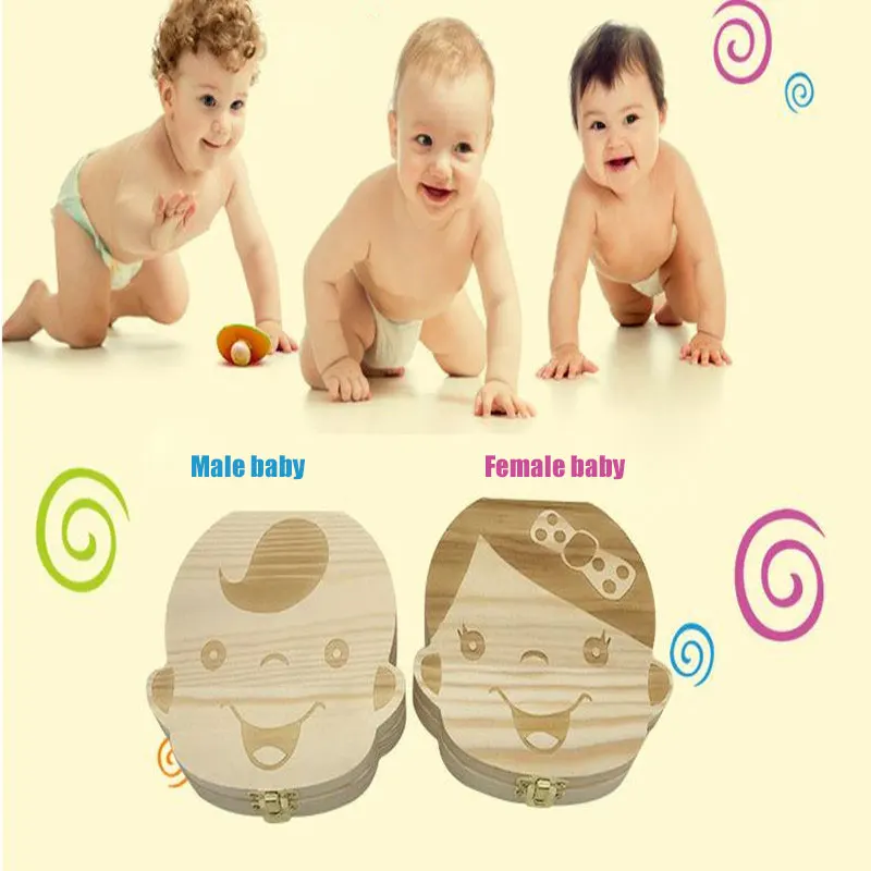 

Tooth Box Storage Spanish/English/Russian Text Baby Wood Case Save Milk Teeth Collection Holder