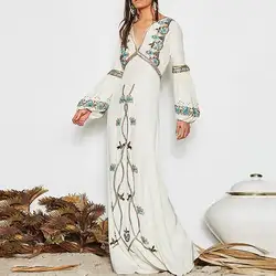Пляжное длинное платье для женщин Boho Цветочные вышитые пикантные Глубокий V элегантный белый халат Винтаж Высокая талия Весна с длинным