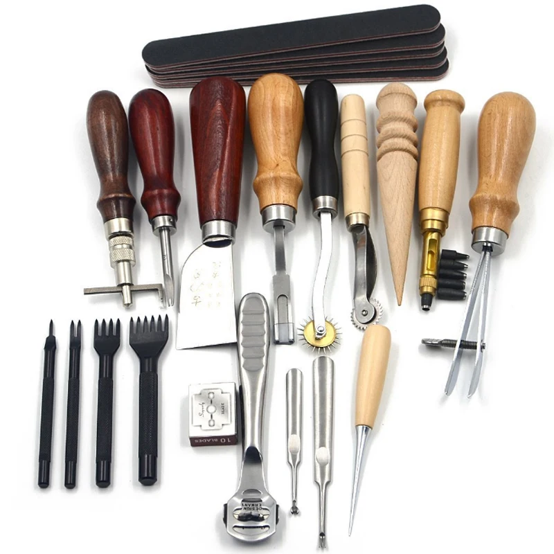 

18 pcs/set Leather Craft Tools Kit Stitching Carving Working Sewing Saddle Groover Leather Processing Tool Set Sewing Supplies