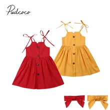 Детская летняя одежда, платье принцессы на бретелях для маленьких девочек+ повязка на голову, Нарядный сарафан без рукавов, однотонное платье