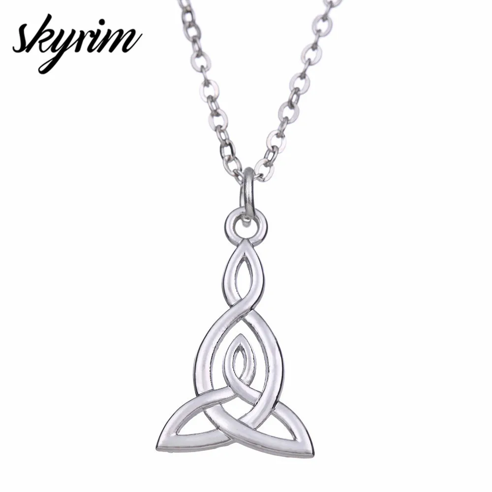 

Skyrim Infinity Love Triangle Celtics Knot Pendant Necklace Antique Sliver Long Link Chain Necklaces Women Man Viking Jewelry