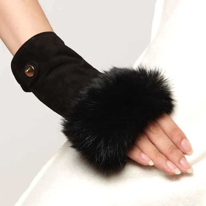 Модные женские перчатки без пальцев из натуральной кожи и замши, женские перчатки с кроличьим мехом, женские перчатки без пальцев EL019NC