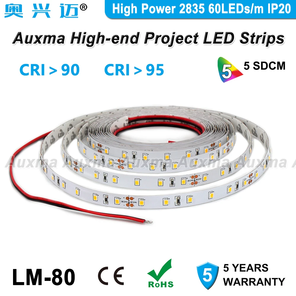 Высокая Мощность 2835 60leds/m Светодиодные ленты, CRI95/CRI90, IP20, DC12V/24 V, 14,4 Вт/м, 300 светодиодов/Катушка, не водонепроницаемый для внутреннего, лобби, спальня