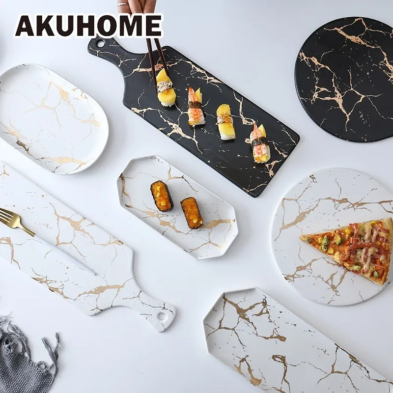 Najtaniej Złoty marmurowy wzór ceramiczne zastawy stołowe dekoracja zastawa stołowa zestaw obiadowy styl europejski płytkie talerze danie dla restauracji AKUHOME