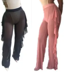 2018 г. пикантные для женщин Свободные стрейч Высокая талия широкие брюки длинные брюки для девочек хлопок Palazzo мотобрюки Смотреть через сетк
