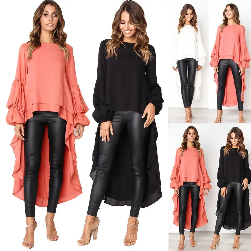 

Fashion Brand Newest Autumn Women Long Lantern Sleeve Baggy Asymmetric Crew Neck Tops Blouse Shirts Clothes Solid Long Clothing
