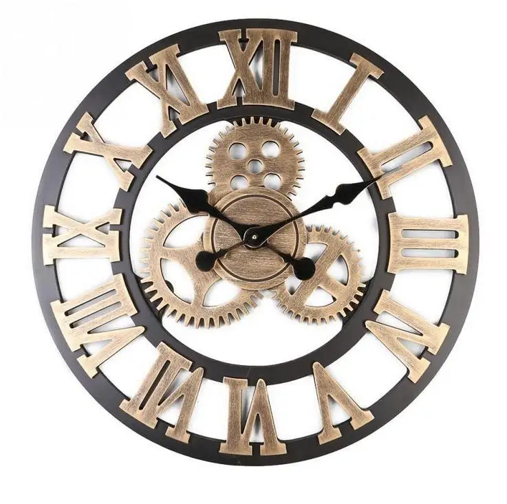 

American Retro Wall Clock 40cm Roman Numerals Iron Gear Clocks Wood 3D Clock Living Room Home Decoration Accessories Wall Watch