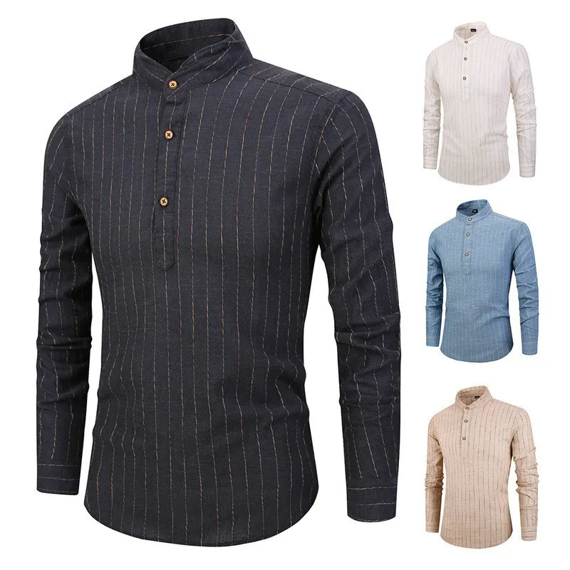 Cotton Linen Male Stripe Shirt Mandarin Collar Long Sleeve Casual Shirt ...
