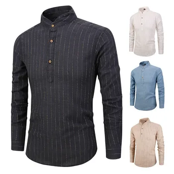 

Cotton Linen Male Stripe Shirt Mandarin Collar Long Sleeve Casual Shirt Stand Collar Men Pullover Shirts Slim Type