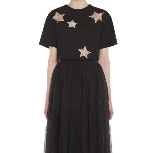 

2019 Spring And Summer New O Neck Short Sleeve Star Lace Embroidery Women Black Cotton T-shirts Tee