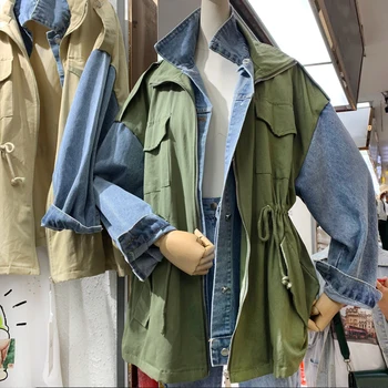 

[EWQ] 2020 Spring Summer New Denim Stitching Double-layer Collar Tie Fake Two Windbreaker Fashion All-match Women Jacket QF501