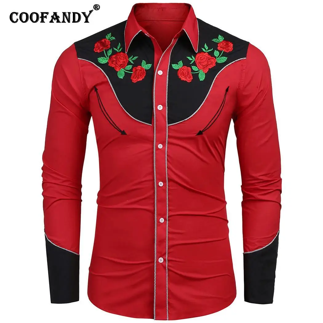 Men Casual Long Sleeve Turn down Collar Button Floral Embroidery Spring ...