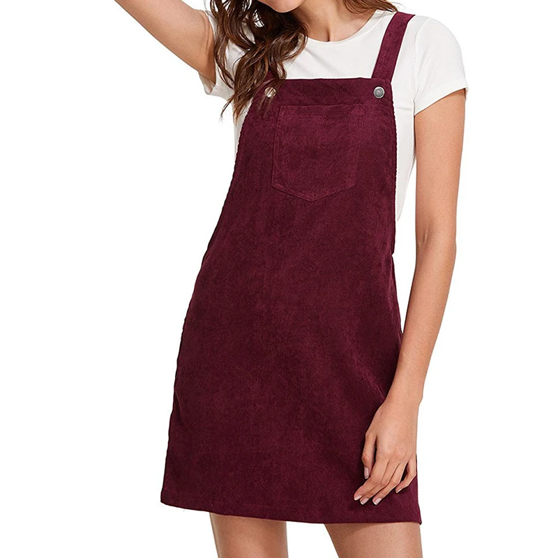 

Sovalro Women Front Pocket Corduroy Women Jeans Dress Halter Casual Solid Color Zipper Fit Summer Mini Dresses Robe Femme