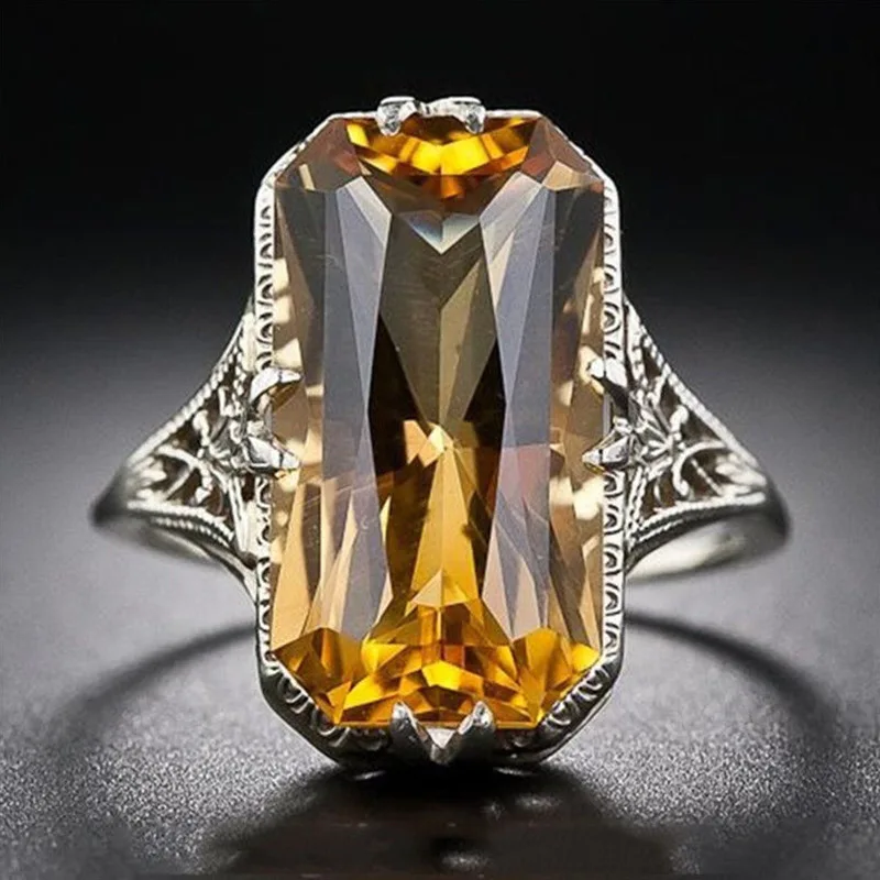 

new female Yellow Crystal Hollow Out Carving Ring Jewelry Wish Exaggeration Hand Ornaments big luxry hand ring gift