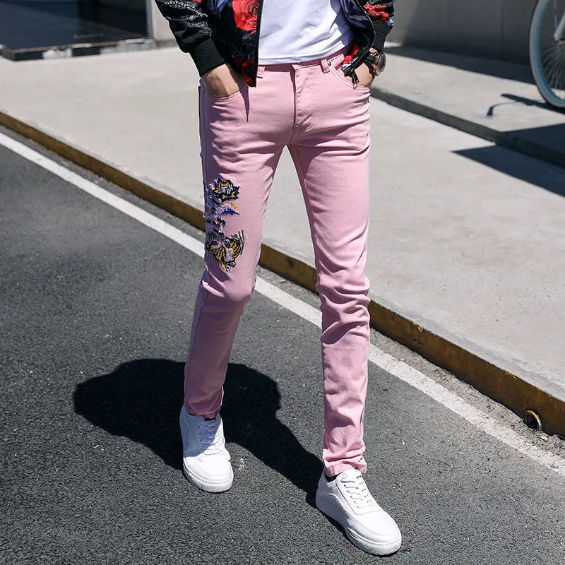 

2019 new youth low waist color sexy trend boring embroidery pink flower jeans male student slim feet pants