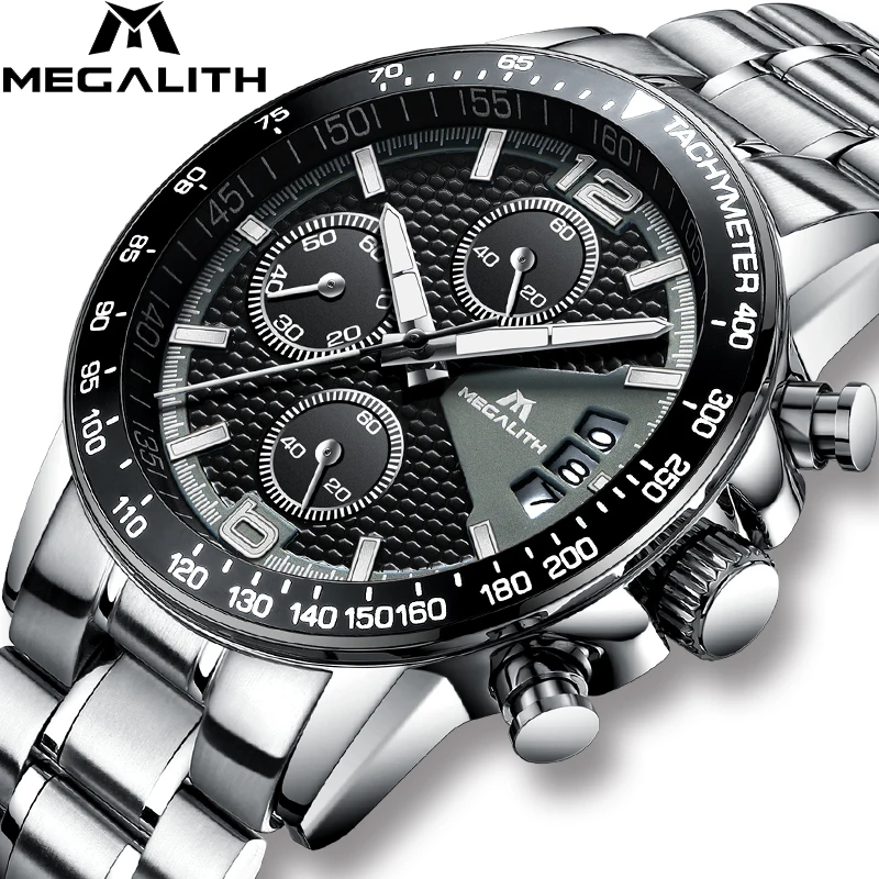 MEGALITH Лидирующий бренд для мужчин часы хронограф Армия часы из нержавеющей стали для мужчин s Классические кварцевые роскошные