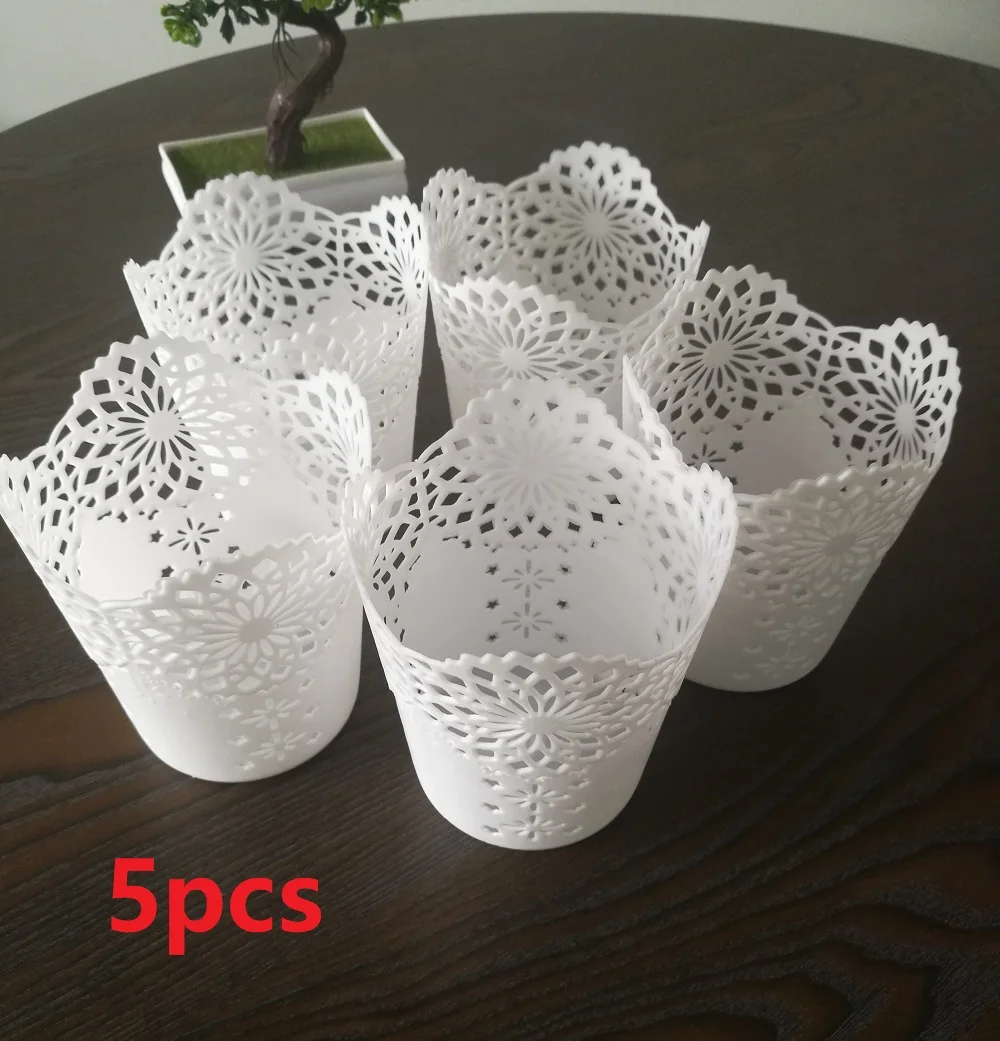 

5pcs White Lace Hollow Makeup Brush Pen Storage Holder Desk Organizer Flower Vase Pot