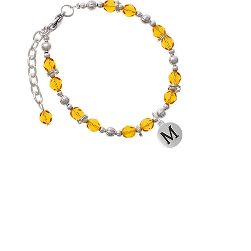 Silvertone Capital Letter - M Pebble Disc Yellow Beaded Bracelet |