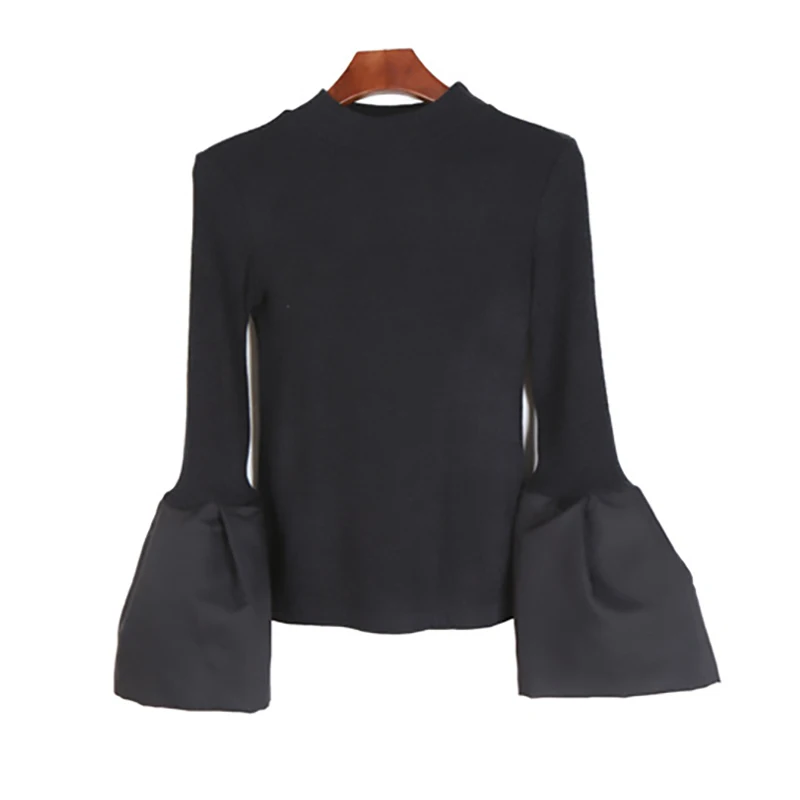 

[EWQ]2019 New Spring Summer Round Neck Long Flare Sleeve Personality Black Knitting Split Joint Loose T-shirt Women FashionJO265