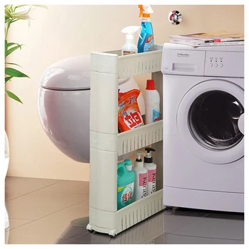 

3 Layer Gap Kitchen Storage Rack Slim Slide Tower Movable Assemble Bathroom Shelf Wheels Space Saving Organizer Home Decoration