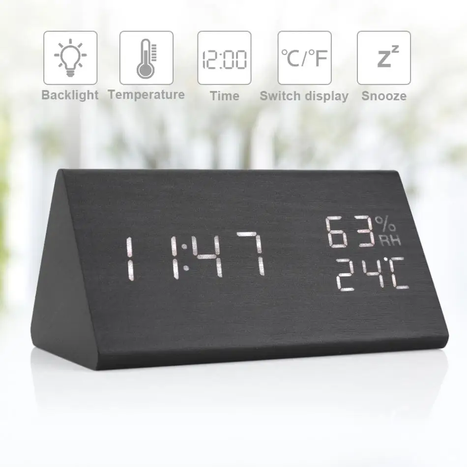 

Wood LED Temperature Desk Clock Timer Temperature Humidity Display Voice Control Table Alarm Clock With USB Cable Tool