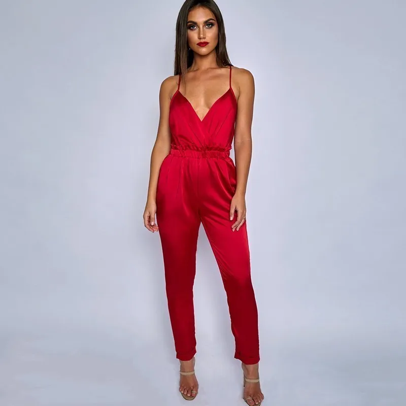 

DRESSMECB Sexy Spaghetti Strap Jumpsuit Women Long Jumpsuit Elegant Jumpsuit Romper Hollow Out Casual Deep V Summer Overalls