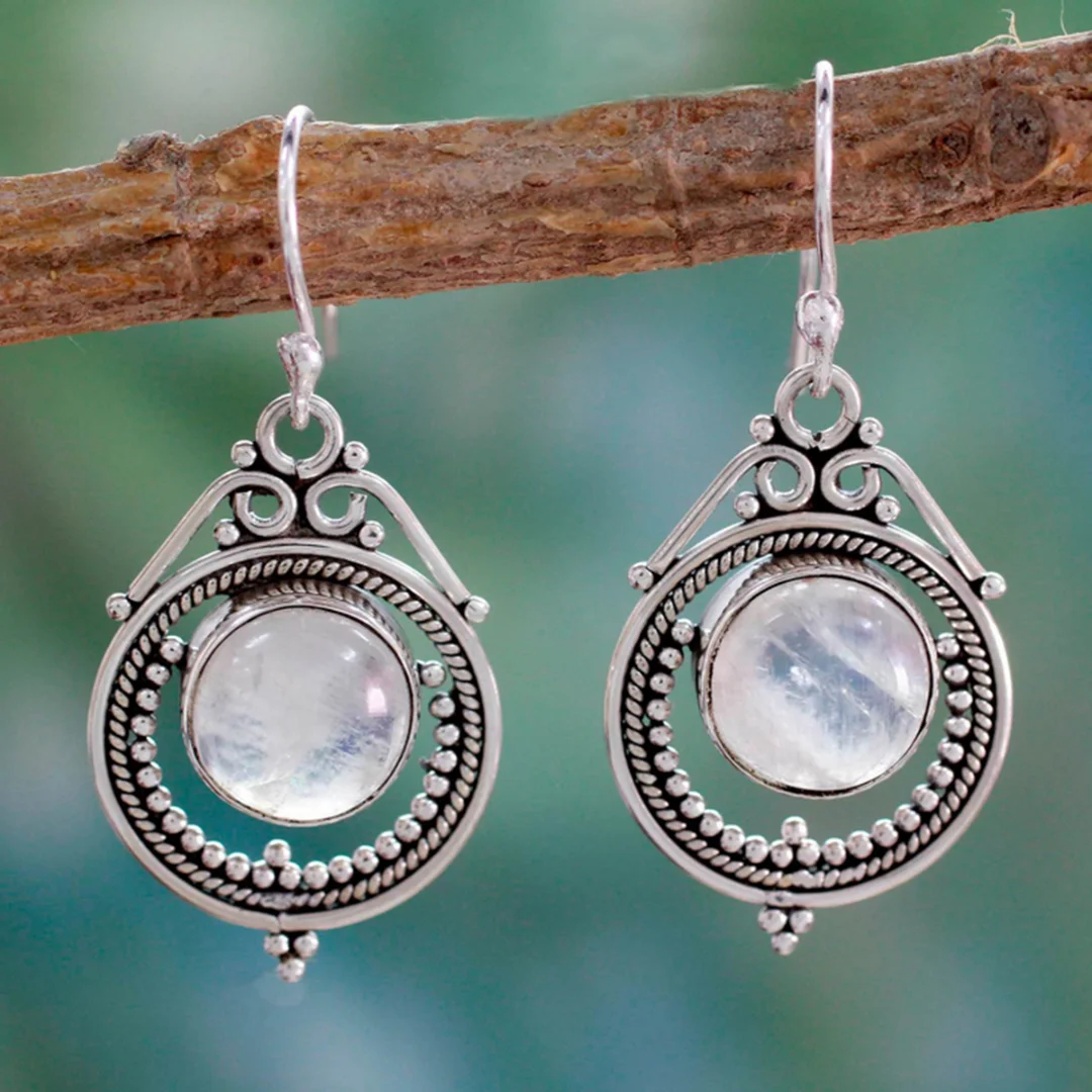 

Vintage Ethnic Natural Stone Silver Plated Moon Drop Earring For Women Wedding Jewelry Shellhard Bohemian Copper Earring brincos