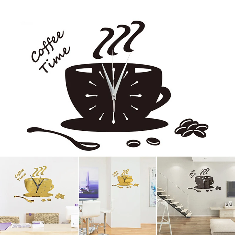

Modern DIY Large Wall Coffee Cup Clock 3D Mirror Surface Sticker Home Decoration Decorative Kitchen Wall Clocks Living Room