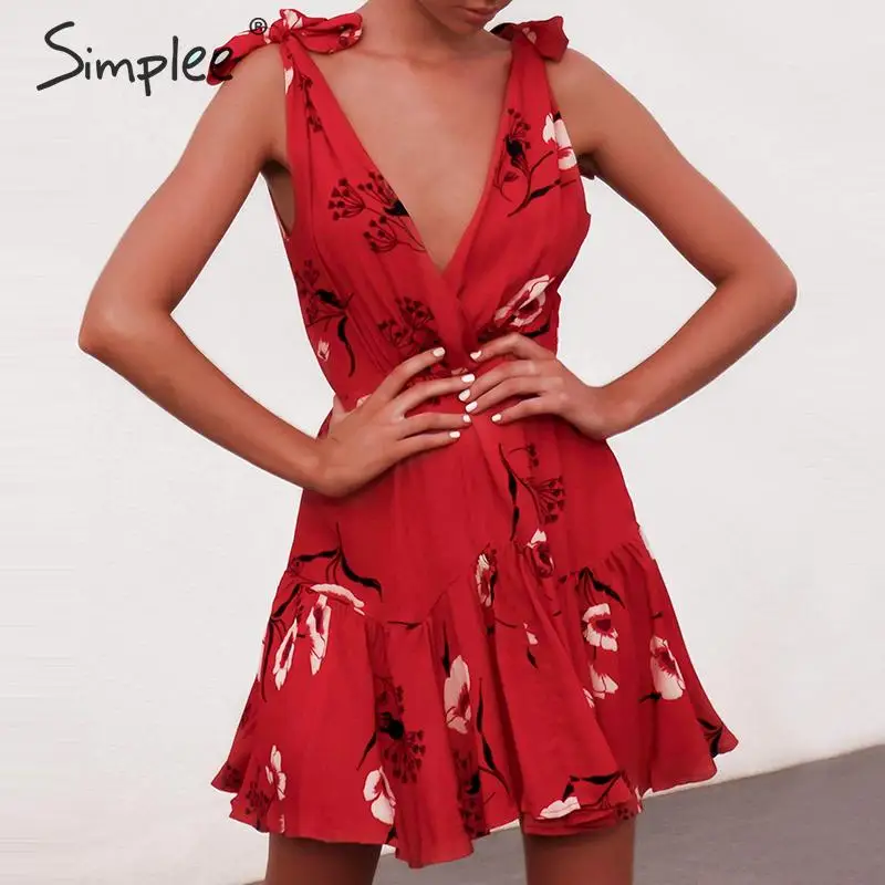 

Simplee Sexy v-neck floral print women short dress A-line ruffled lace up female mini dress Bohemian summer casual sundress 2019