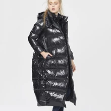 5XL Размер, женский зимний черный глянцевый длинный пуховик, новая мода, имитация двух частей, с капюшоном, белый утиный пух, пальто для женщин HJ206