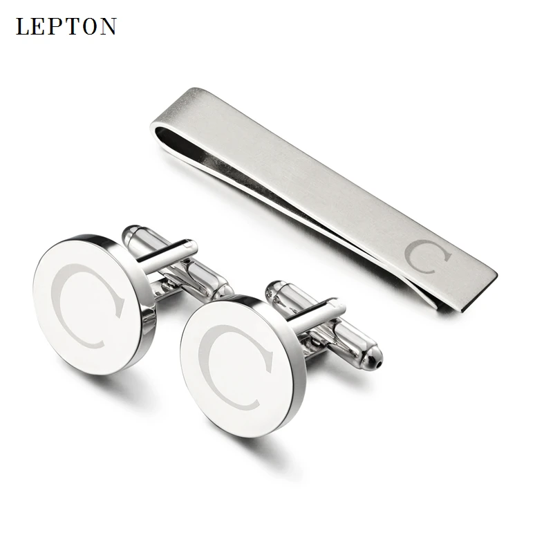 

Lepton Round Laser Letter Cufflinks And Tie Clips Set Letters C Cuff links For Mens French Shirt Cuffs Cufflink Relojes Gemelos