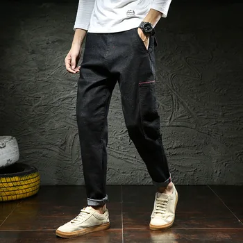 

#2040 Streetwear Hip Hop Jeans Men Black Plus Size Loose Mens Jeans Side Multi Pockets Stretch Denim Jeans Homme Full Length