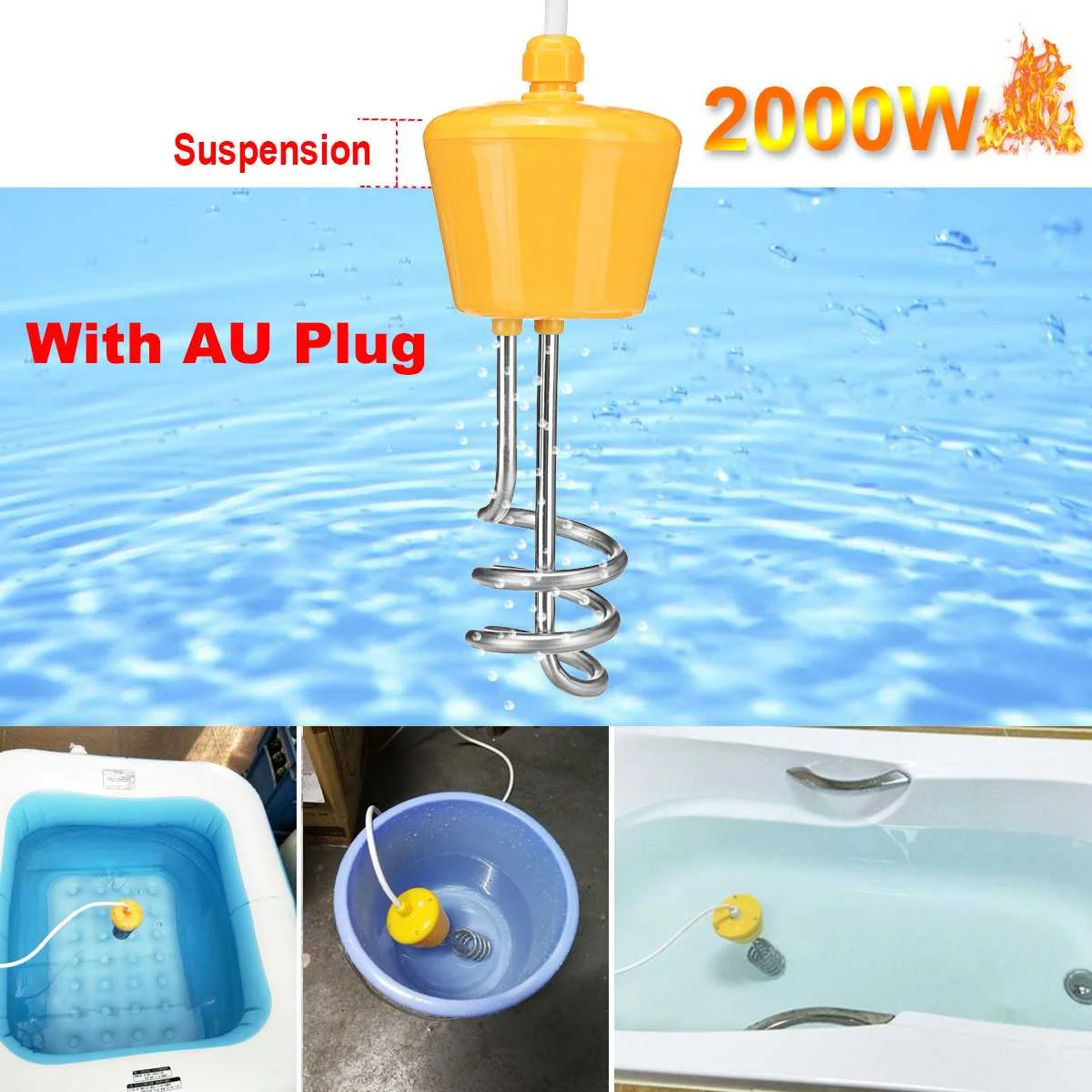 

2000W 220V Portable Suspension Stainless Steel Electric Floating Immersion Heater Boiler Water Heating Element For Bathroom