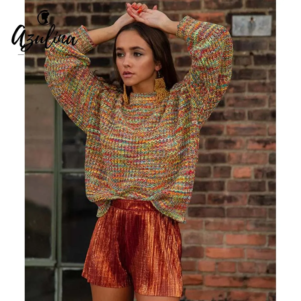 ZAFUL Lantern Sleeve Multicolored Chunky Sweater Women