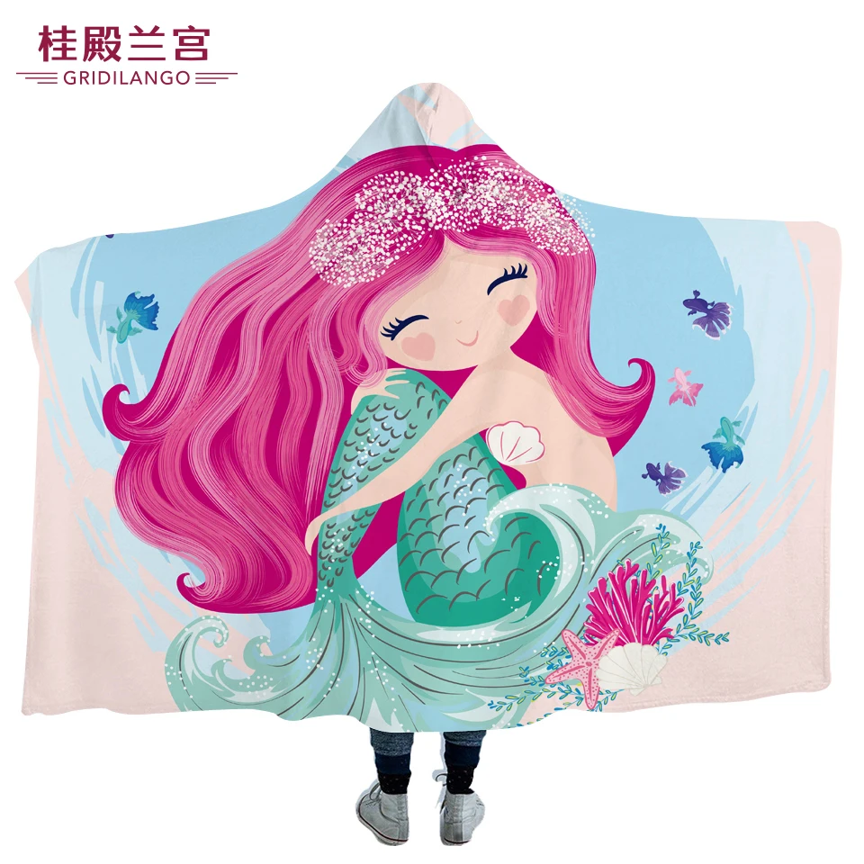 

GRIDILANGO Custom Cartoon Pink Mermaid Microfiber Hooded Blanket for Kids Adults Girls Sherpa Fleece Wearable Blankets 150x200