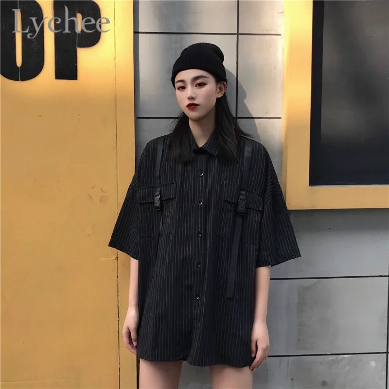 Lychee Harajuku/Женские блузки в полоску с черной лентой отложным воротником коротким