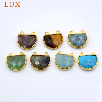 

Fashion Gold bezel Natural gem stone Half Moon Connector Double Bails amazon stone tiger eyes turquoises DIY Making Jewelry