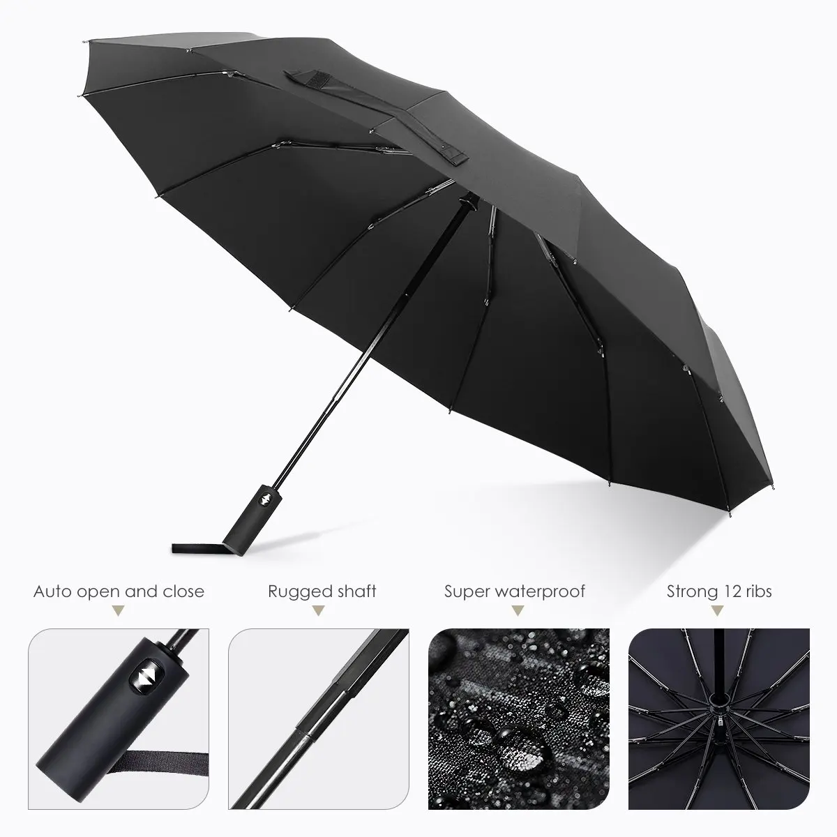 

12 Ribs Windproof Travel Umbrella Teflon Canopy Lengthened Handle With Auto Open Close Button Compact Protection Umbrella