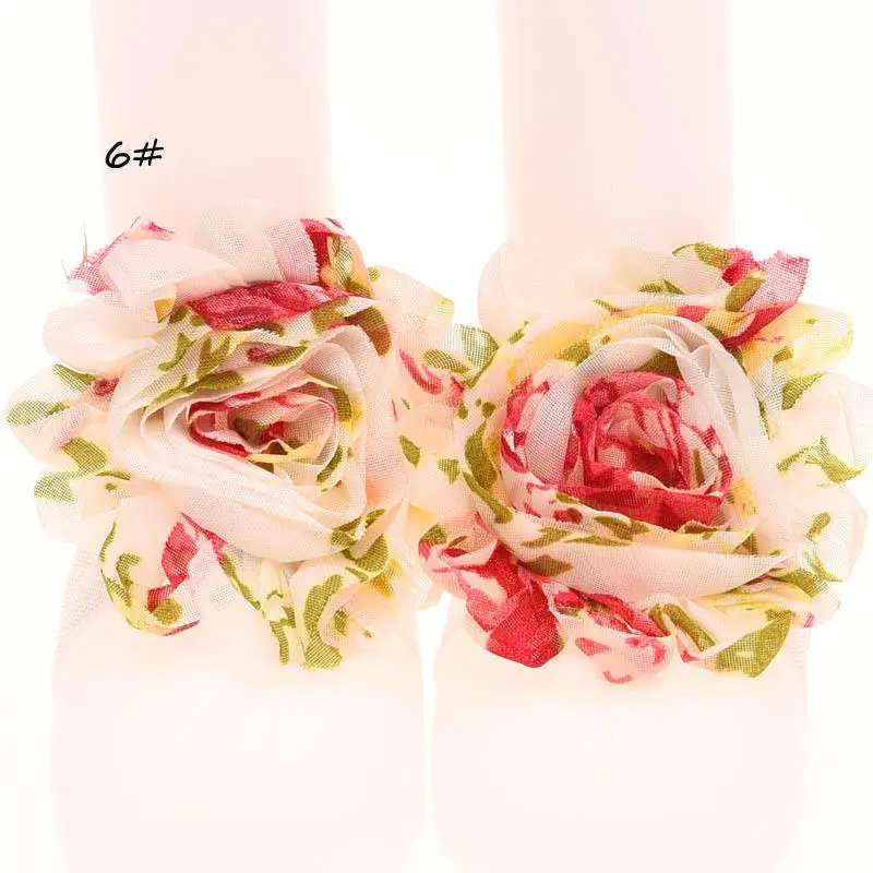 Balleenshiny новорожденный Шифоновый Цветок на голову растягивающиеся ноги группы для маленьких девочек босиком сандалии эластичные модные ноги украшения