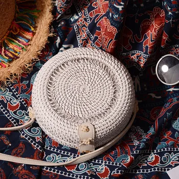 

Women's Handbags Ins Rattan Bag Bohemian Handmade White Small Round Hollow Woven Bag PU Shoulder Crossbody Bag Bolsa Feminina