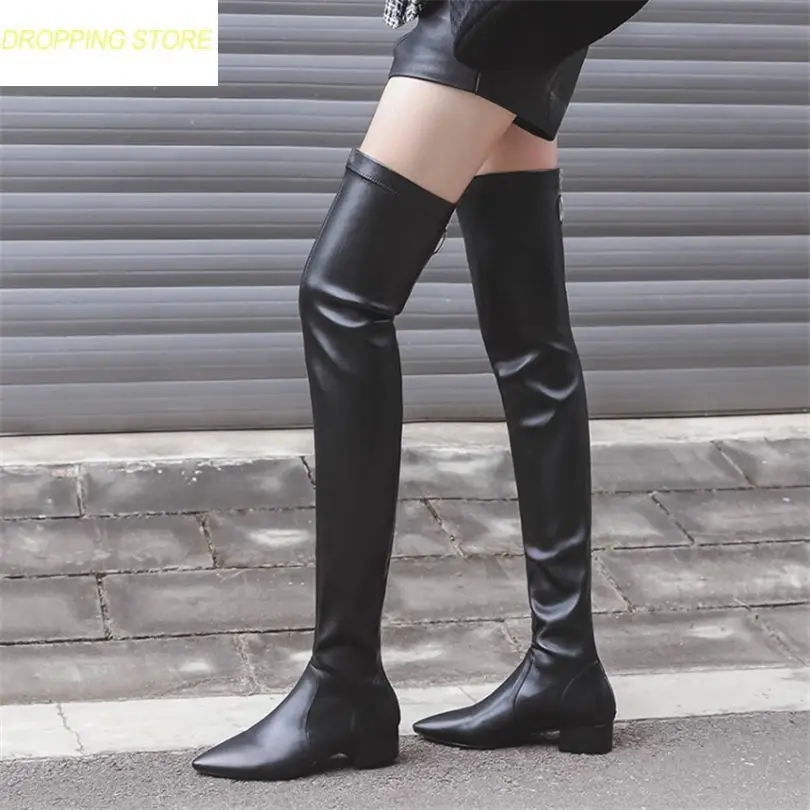 

Thigh High Boots Women Cow Leather Pointed Toe Over The Knee Booties Low Heel Witer Warm Long Shaft Platform Oxfords