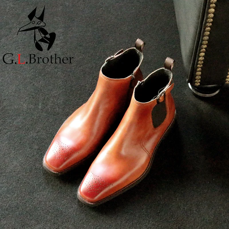 

Luxury European Style Custom Made Chelsea Boots Fashion Square Toe Brown Ankle Boot Retro Genuine Leather Short Boots Men