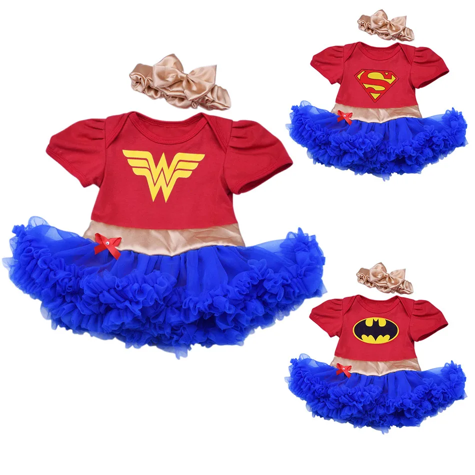 

Casual Baby Girls Ruffled Tutu Dress with Headband Superheroes Frocks Infant Superman Wonder Woman Justice League Cotton Clothes