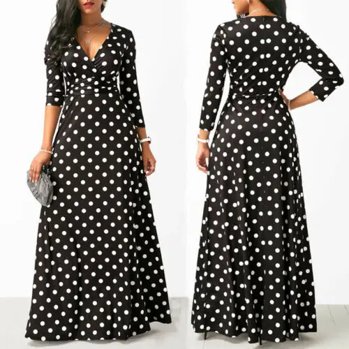 Женское длинное платье в горошек Boho с v образным вырезом и рукавом до локтя