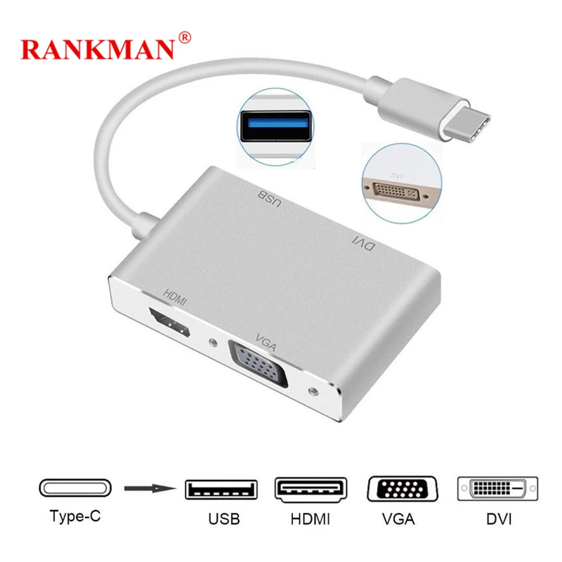 Rankman 4 in 1 Type-C USB C Male to HDMI VGA DVI USB3.0 Female Adapter Converter Cable 1080P for New Macbook Chromebook Monitor
