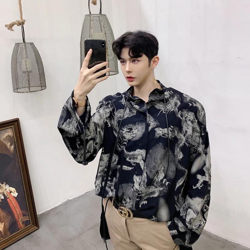 

2019 Spring Men's New Clothes Loose Stand Lead Ink Dragon Printing Long Sleeves Shirts Two Color High-quality Coats Size M-XL