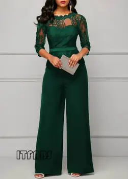 

Ladies Solid O-Neck Bodycon Lace Jumpsuit Romper Women Autumn Long Sleeve Sexy Clubwear Playsuit